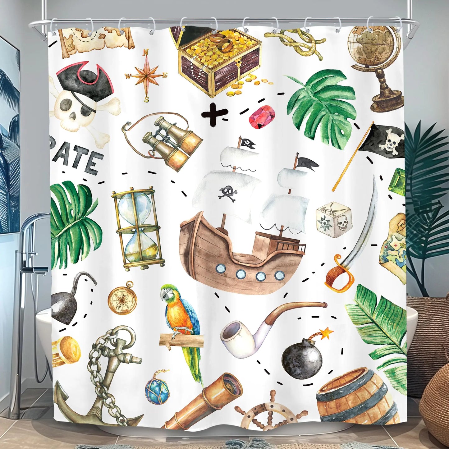 SVBright Kids Pirate Ship Shower Curtain 60Wx72L Inch Boy Cartoon Funny Nautical Sailboat Skull Caribbean Sea Ocean Tropical Palm Leaf 12 Pack Hooks Polyester Waterproof Fabric Bathroom Bathtub Panels