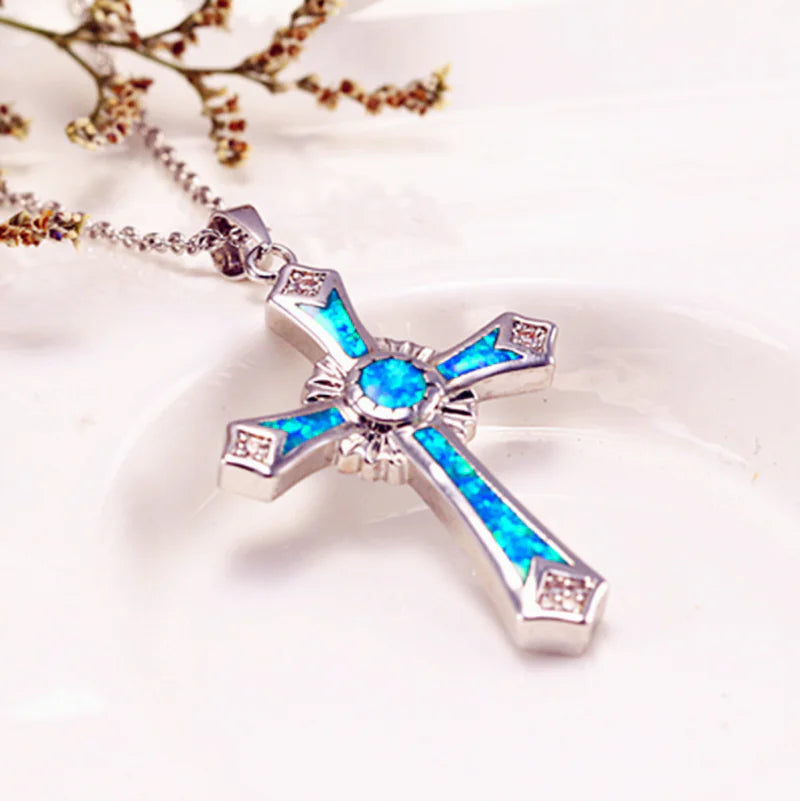 Opal Resin Cross Pendant Necklace Fashion Jewelry