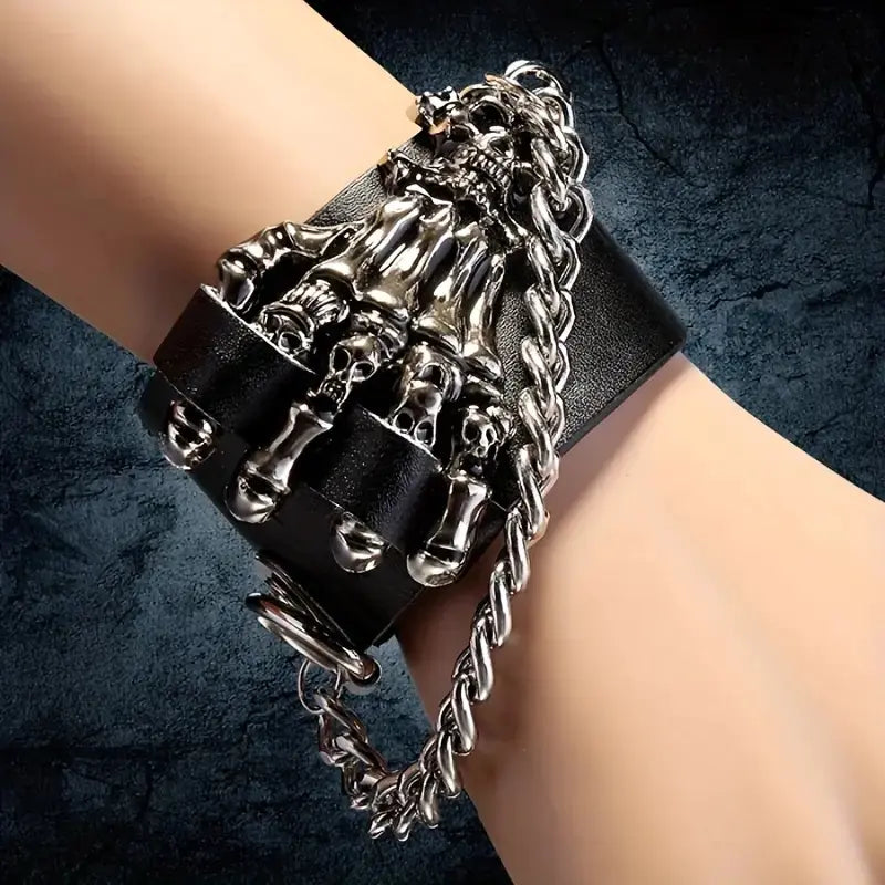 Gothic Skull Hand Design PU Leather Bracelet for Parties