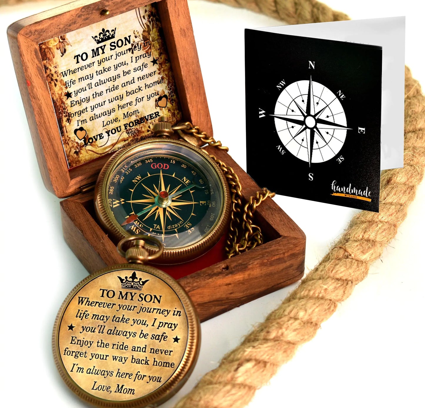 to My Son Compass with Wooden Box-Mom to Son Compass–Mother to Son Gifts-Graduation Day Gifts for Son-Hiking Backpacking Compass-Birthday Confirmation Students Baptism Communion Compass for Women Men
