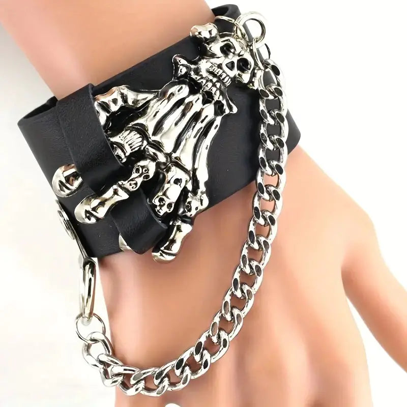 Gothic Skull Hand Design PU Leather Bracelet for Parties