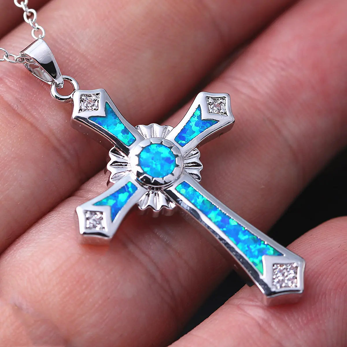 Opal Resin Cross Pendant Necklace Fashion Jewelry